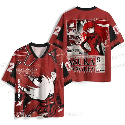 Red short-sleeved v-neck t-shirt featuring black and white graphic of asuka langley from neon genesis evangelion with red accents