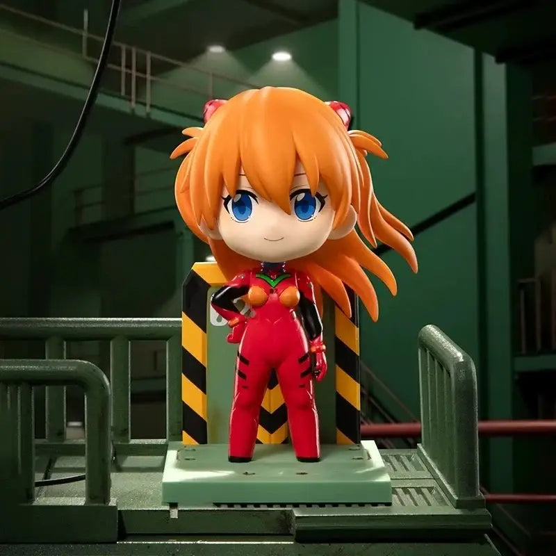 Chibi-style neon genesis evangelion asuka langley soryu blind box figure in red and black pilot suit on green platform