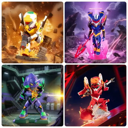 Four distinct evangelion-style action figures including a yellow unit and asuka langley soryu blind box figure in vibrant colors