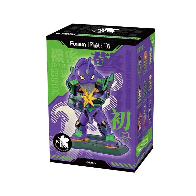 Purple and green evangelion unit-01 figurine with yellow star emblem in branded neon genesis evangelion asuka langley soryu box