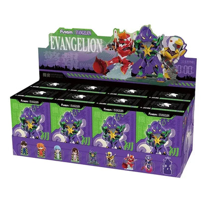Purple and green evangelion-themed blind box display featuring collectible asuka langley soryu figurines