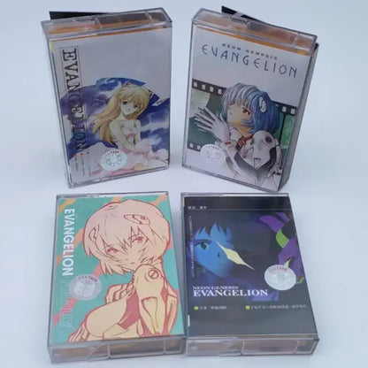 Four transparent plastic cassette tapes with neon genesis evangelion asuka langley anime artwork and distinct color schemes
