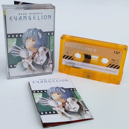 Orange translucent cassette tape with black and white label featuring neon genesis evangelion ii for evangelion asuka langley fans
