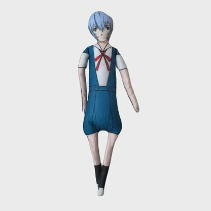Blue and white neon genesis evangelion asuka plush doll with short blue hair red ribbon black socks and wire skeleton