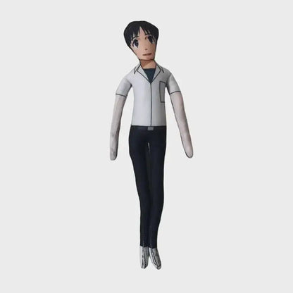 Neon genesis evangelion asuka plush doll with wire skeleton wearing gray shirt dark blue pants and white shoes