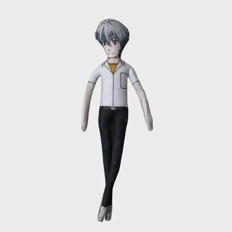 Neon genesis evangelion asuka plush doll with wire skeleton featuring short gray hair and white button-up shirt