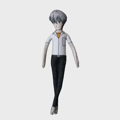 Neon genesis evangelion asuka plush doll with wire skeleton featuring short gray hair and white button-up shirt