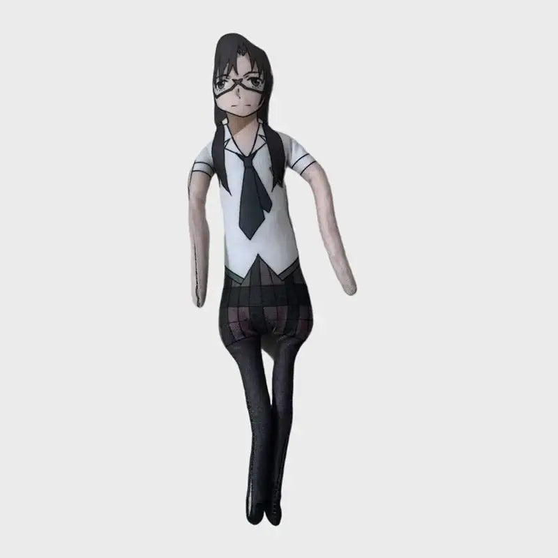 Neon genesis evangelion asuka plush doll with long black hair wearing white shirt and plaid shorts wire skeleton