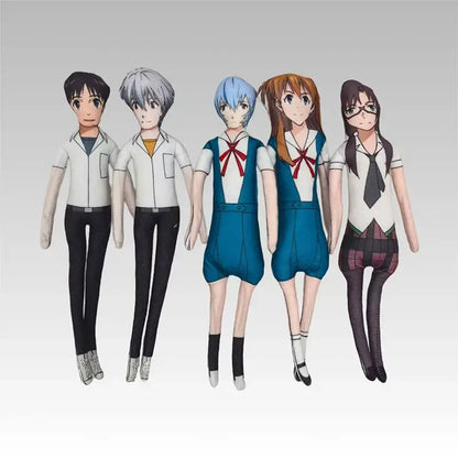 Five neon genesis evangelion plush dolls in school uniforms including asuka plush with wire skeleton feature