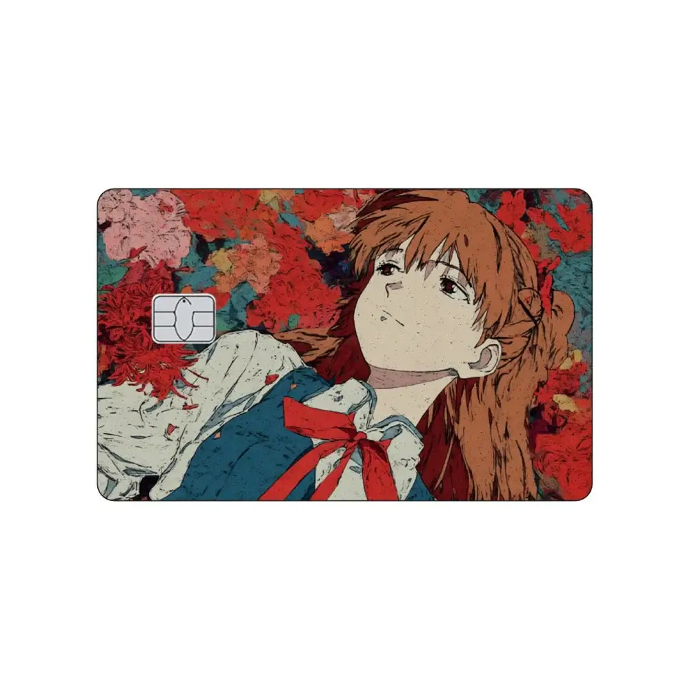 Rectangular pvc sticker card skin featuring neon genesis evangelion anime girl with reddish-brown hair and floral background