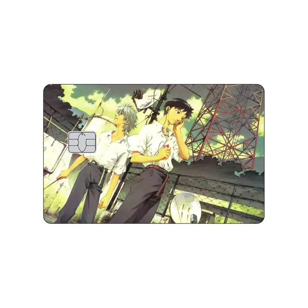 Rectangular pvc sticker card skin featuring neon genesis evangelion asuka and rei rooftop illustration with yellow-green sky