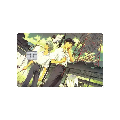 Rectangular pvc sticker card skin featuring neon genesis evangelion asuka and rei rooftop illustration with yellow-green sky