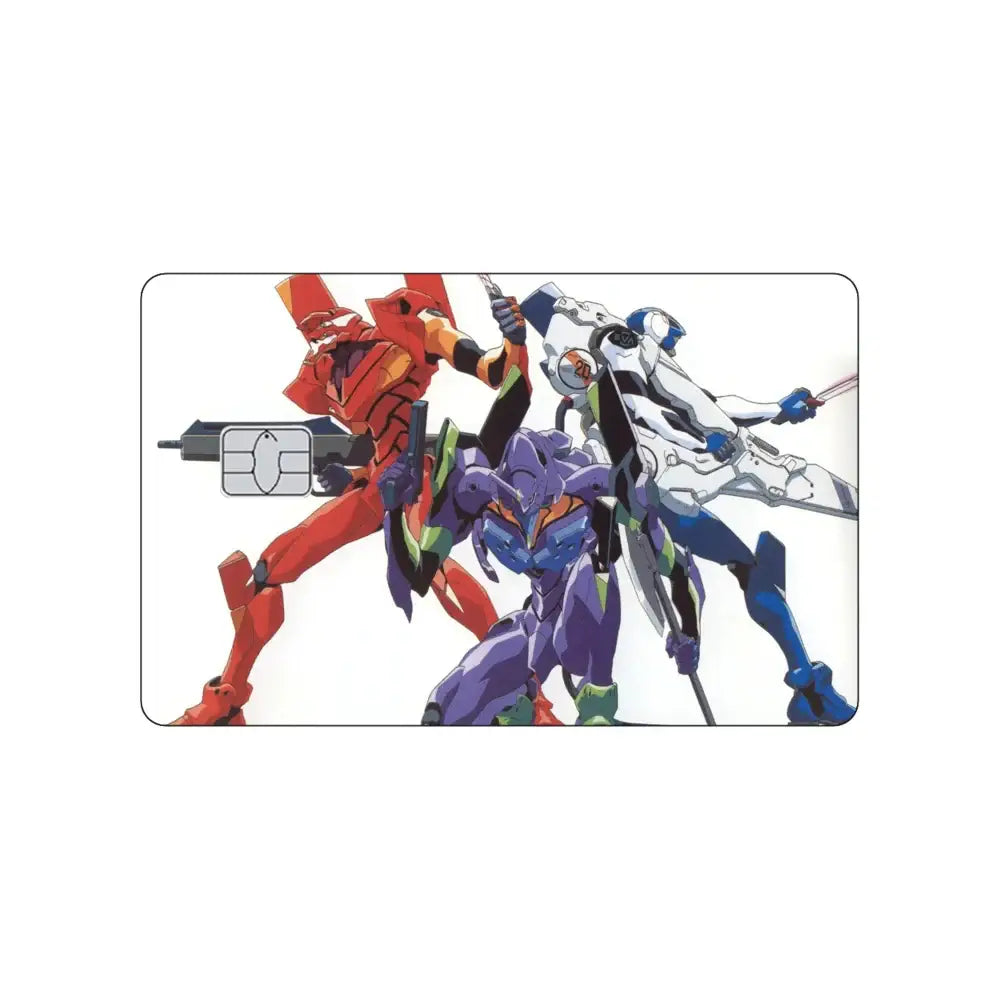 A rectangular pvc sticker card skin featuring vibrant red purple and white evangelion units from neon genesis evangelion