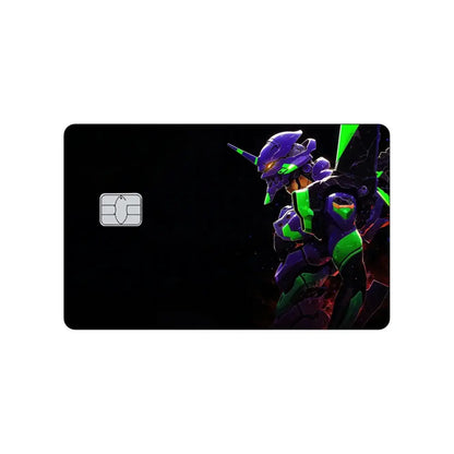 Black credit card with neon genesis evangelion asuka and rei anime design in purple and green pvc sticker skin with silver chip