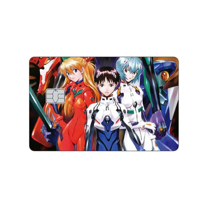 A glossy pvc sticker card skin featuring neon genesis evangelion asuka and rei in red white and blue mecha suits