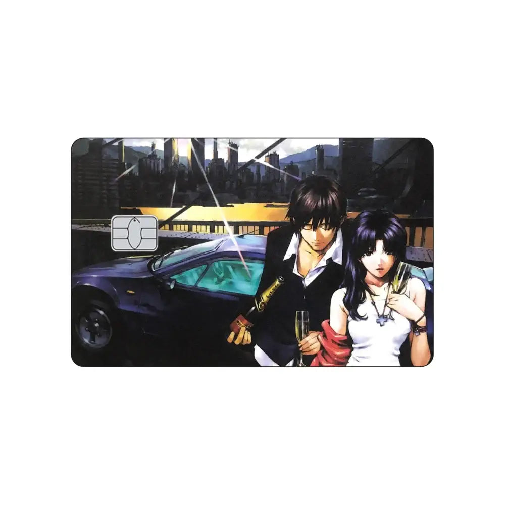 Rectangular glossy pvc sticker card skin featuring neon genesis evangelion asuka and rei with a dark blue car and city backdrop