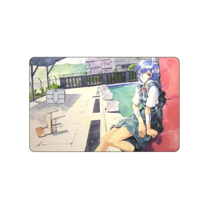 Rectangular pvc sticker card skin featuring watercolor blue-haired girl in school uniform by poolside from neon genesis evangelion