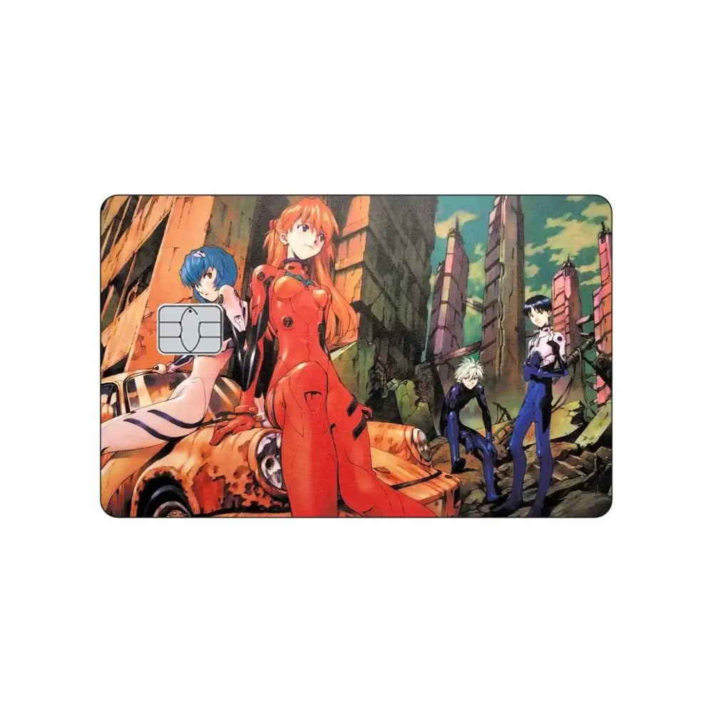 Rectangular pvc card skin featuring neon genesis evangelion asuka in red and rei in blue amid post-apocalyptic buildings