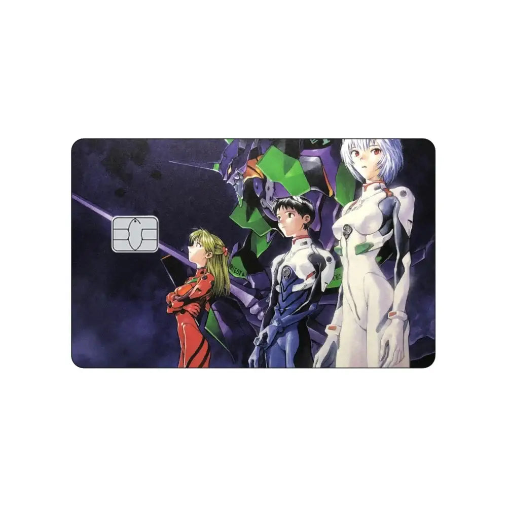 Rectangular pvc card skin sticker featuring neon genesis evangelion Asuka and Rei with green purple mecha and embedded chip