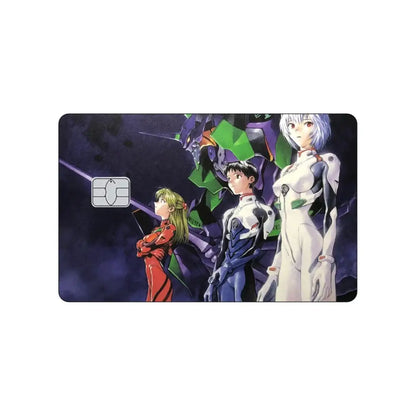 Rectangular pvc card skin sticker featuring neon genesis evangelion Asuka and Rei with green purple mecha and embedded chip
