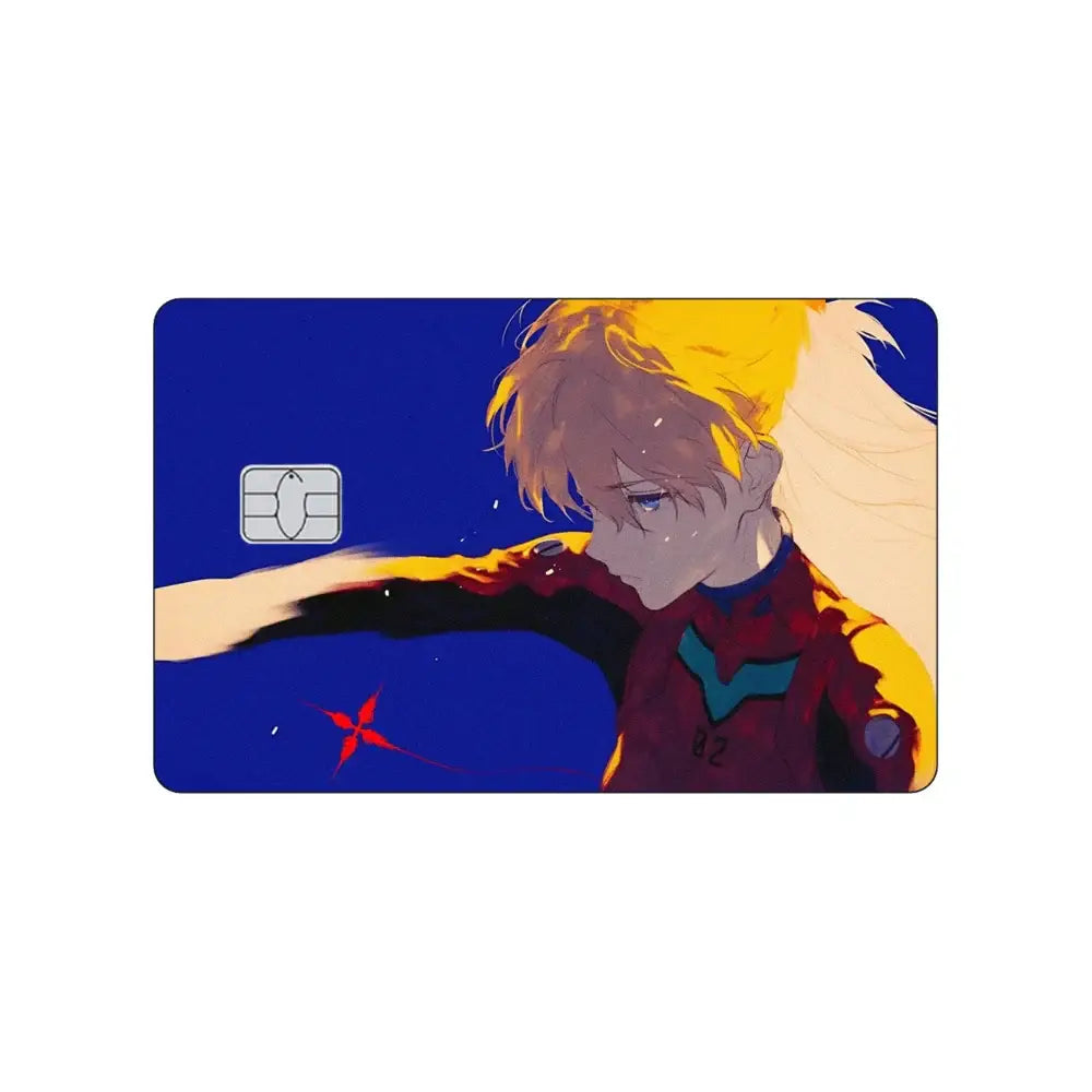 Blue credit card with neon genesis evangelion anime design featuring blonde hair character in red armor pvc sticker