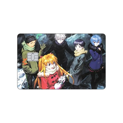 A glossy pvc sticker card skin featuring neon genesis evangelion asuka and rei with five anime characters in winter attire
