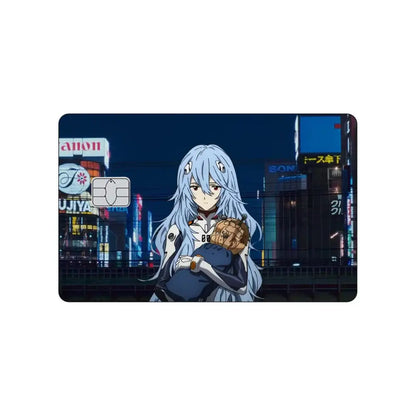 A glossy pvc card skin featuring neon genesis evangelion anime art of a silver haired character in a neon cityscape background