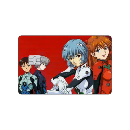 Red rectangular pvc sticker card skin featuring neon genesis evangelion asuka and rei in pilot suits