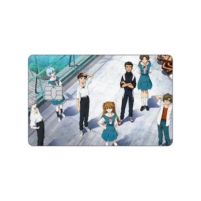 Rectangular pvc sticker card skin featuring neon genesis evangelion asuka and rei in school uniforms on concrete court