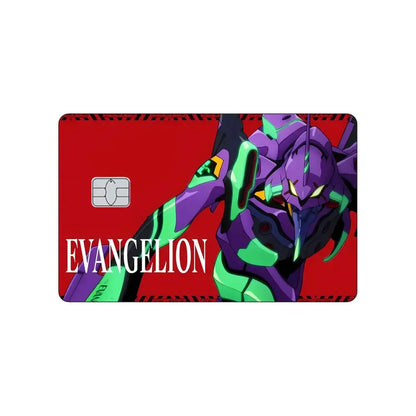 Red credit card with purple and green neon genesis evangelion anime character printed on pvc sticker card skin