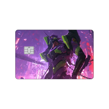 Purple and green neon genesis evangelion credit card with metallic chip featuring asuka and rei pvc sticker skin