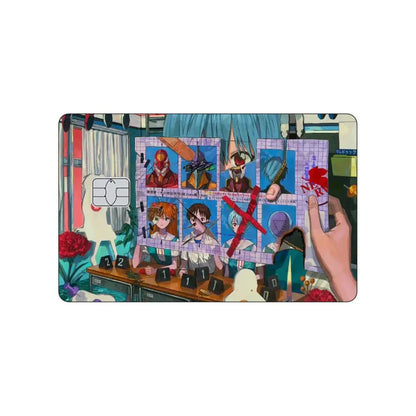 Rectangular neon genesis evangelion pvc sticker card skin featuring asuka and rei in a courtroom anime scene