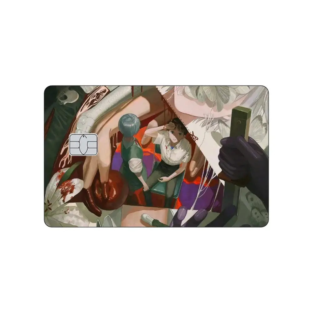 A rectangular pvc sticker card skin featuring neon genesis evangelion asuka and rei with red and white anime design