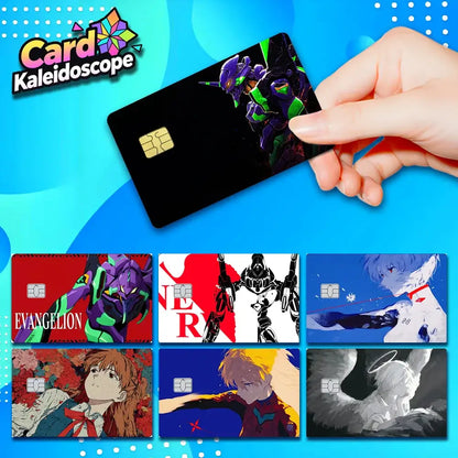 Black plastic card with purple and green evangelion mecha design and gold chip neon genesis evangelion pvc sticker