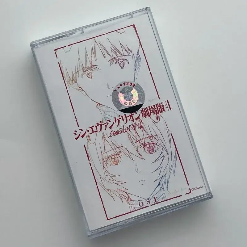 Clear plastic cassette tape case with neon genesis evangelion ayanami rei anime artwork and silver holographic label