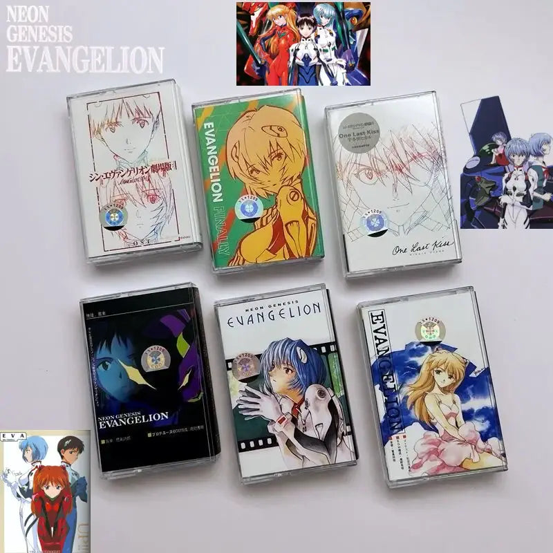 Clear plastic neon genesis evangelion cassette tapes with vibrant ayanami rei anime artwork in multiple colors