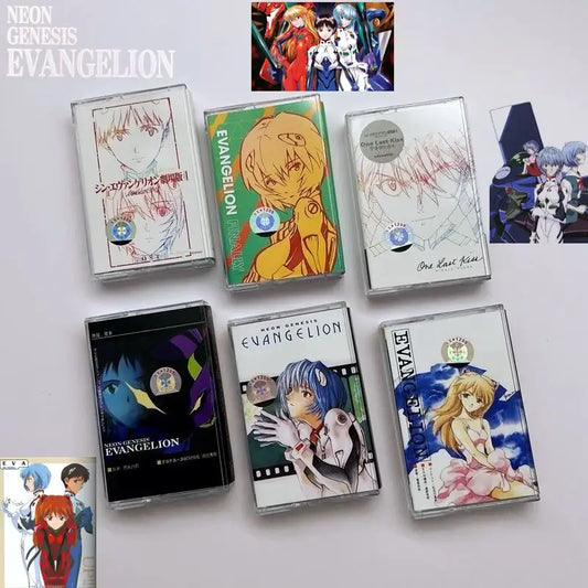 Clear plastic neon genesis evangelion cassette tapes with vibrant ayanami rei anime artwork in multiple colors