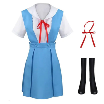 Light blue ayanami rei sailor-style shirt strap dress with white collar red ribbon and black knee-high boots for cosplay