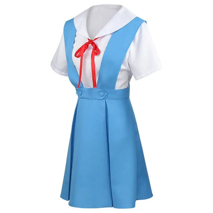 Ayanami Rei neon genesis evangelion light blue sailor shirt strap dress with white collar red ribbon and short sleeves