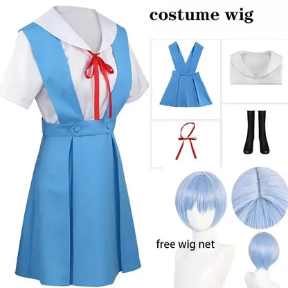Light blue ayanami rei neon genesis evangelion sailor-style shirt strap dress with white collar red ribbon and socks
