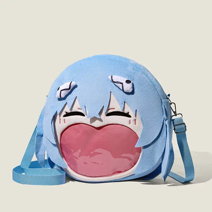 A light blue plush neon genesis evangelion ayanami shoulder bag with large capacity badge storage and pink translucent interior