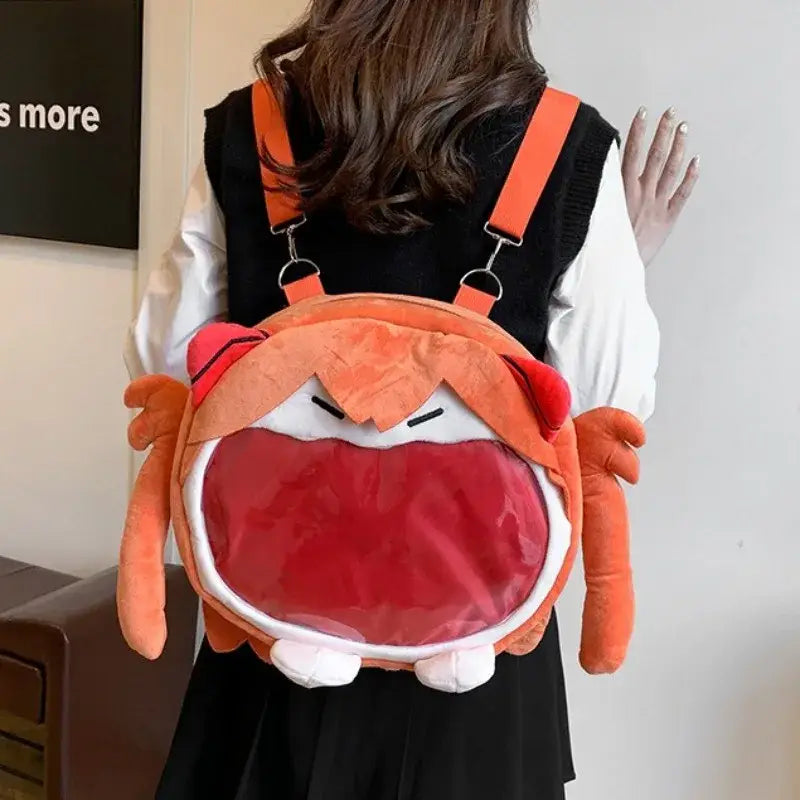Neon genesis evangelion ayanami rei itabag orange plush backpack with wide red mouth and large capacity badge storage