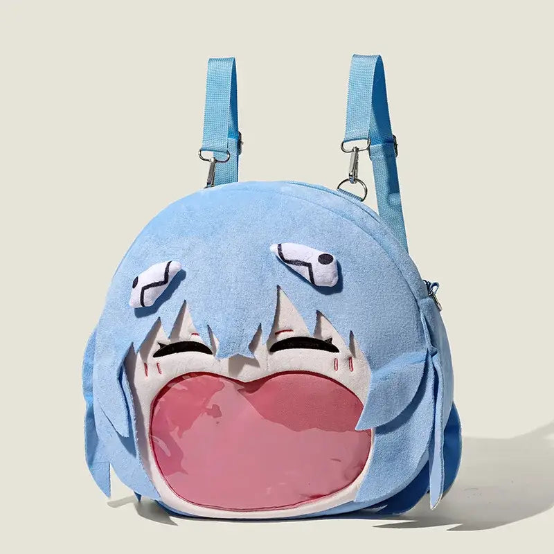 Light blue plush neon genesis evangelion ayanami rei itabag backpack with wide eyes and pink glossy mouth interior