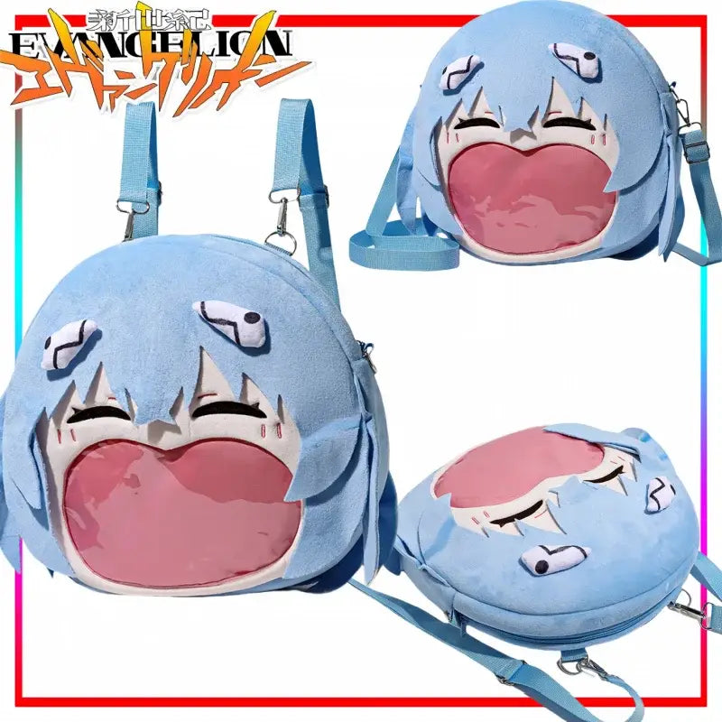 Light blue plush neon genesis evangelion ayanami rei itabag backpack with large pink mouth cartoon character and badge storage