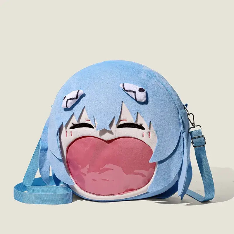 A light blue plush neon genesis evangelion ayanami rei itabag shoulder bag with pink translucent interior for badge storage