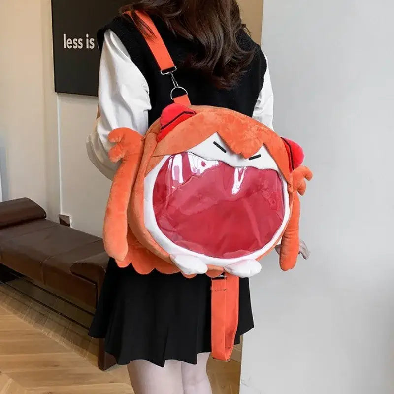 Orange plush neon genesis evangelion ayanami rei itabag backpack with open mouth design and large capacity badge storage