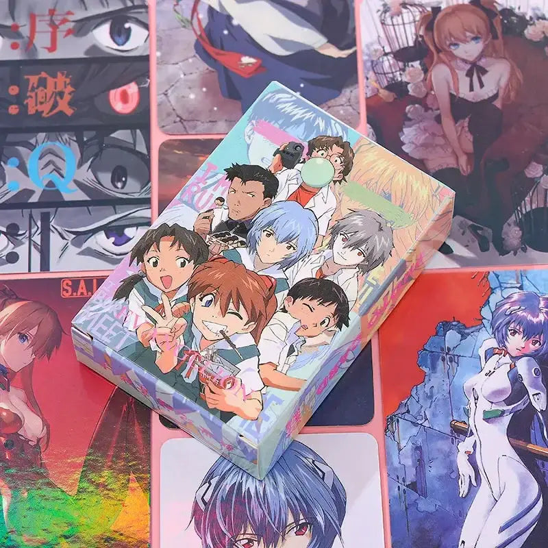 Rectangular neon genesis evangelion box with glossy finish featuring colorful dynamic anime characters from the main cast