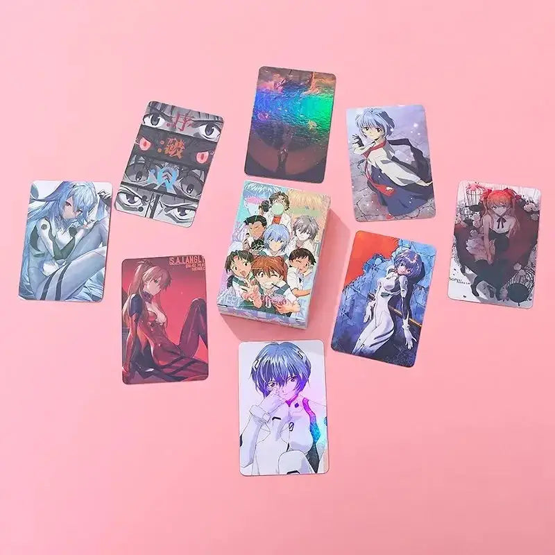 A set of colorful glossy anime-themed neon genesis evangelion trading cards featuring ayanami rei and other characters