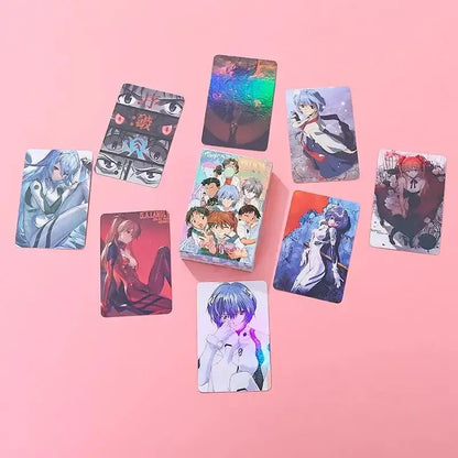 A set of colorful glossy anime-themed neon genesis evangelion trading cards featuring ayanami rei and other characters