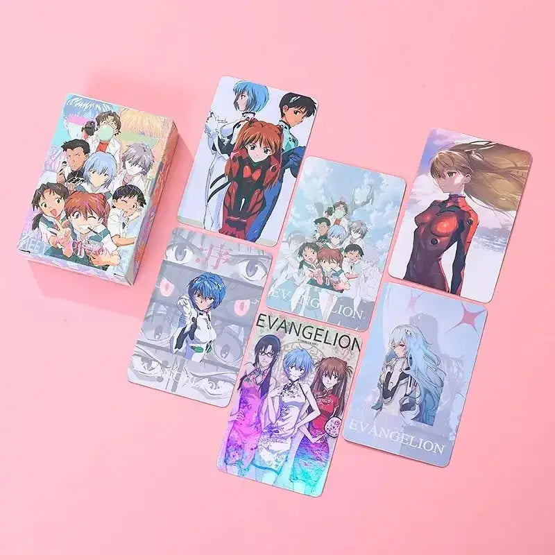 A set of colorful glossy neon genesis evangelion anime playing cards featuring ayanami rei with box on a pink surface